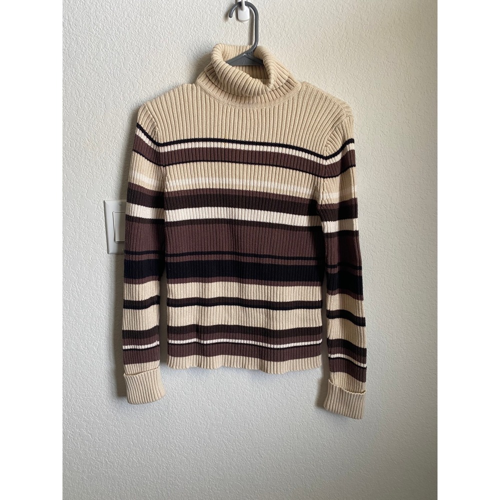 Sonoma Women Striped Ribbed Knit Y2K Turtleneck Sweater Size M Tan Brown Neutral